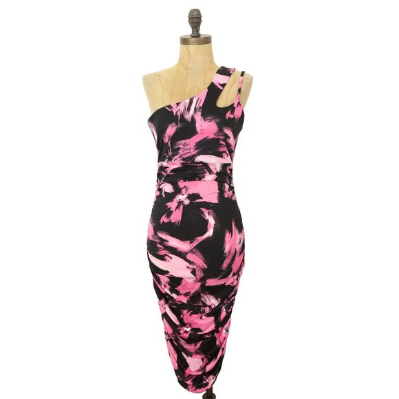 THE FASHION POET One Shoulder Ruched Dress M L  Bodycon Midi Black Pink NWT B86 - Picture 2 of 6